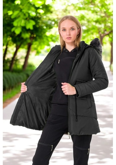 Kışlık Orta Boy Kürklü Kapüşonlu Su Geçirmez Rahat Kadın Şişme Mont Siyah