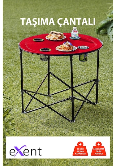 Yuvarlak Katlanır Kamp Masası, Taşıma Çantalı Kamp Masası, Piknik Masası-kırmızı-71x71x60 Siyah
