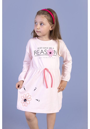 Toontoy Kız Çocuk Baskılı Elbise Pudra