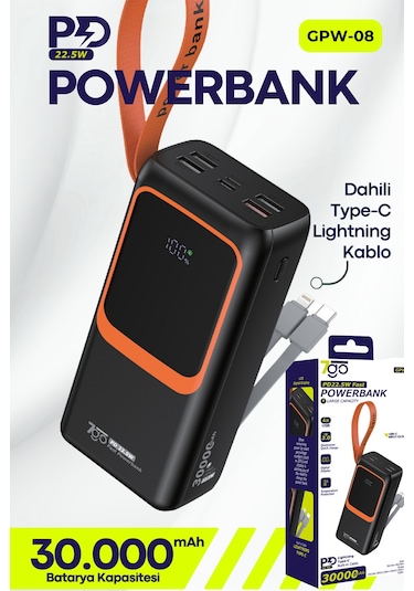 7go Gpw-08 30000mah Pd22.5w Hızlı Şarj Powerbank 4 Usb Çıkışlı, Dahili Type-c & Lightning Kablolu, Siyah