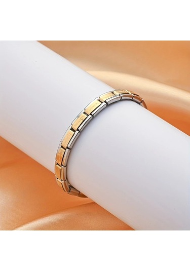 Çelik Bileklik İnce İtalyan Charm Model Unisex Erkek Kadın 3 Mm 18 Cm Ortası Altın Sarısı Kenarı Gümüş Altın - Gümüş