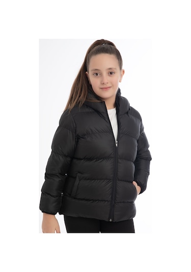 Kız Çocuk Içi Polarlı Kürklü Kapüşonlu Su Geçirmez Rüzgara Dayanıklı Cepli Şişme Kışlık Mont Siyah