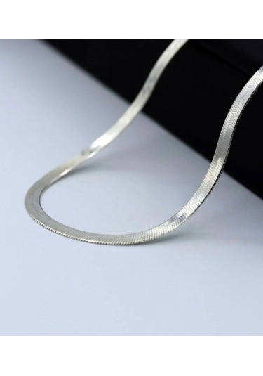İtalyan Zincir Kolye Yassı Balıksırtı Model Kararmaz Çelik Kolye Gümüş 42+5 Cm Silver