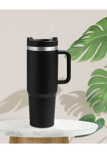 Siyah Paslanmaz Çelik Termos Pipetli 1200ml Siyah