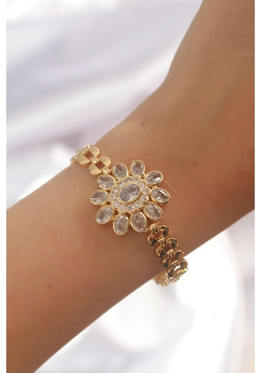 Ezoconcept Pirinç Gold Renk İri Zirkon Taşlı Çiçek Figürlü Bileklik