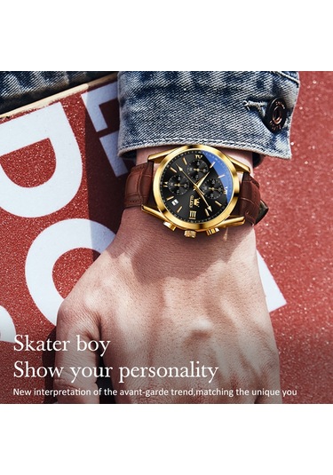 Olevs 2872 Erkekler Üç Göz Altı İğne Kronograf Su Geçirmez Kuvars Saat Siyah + Altın