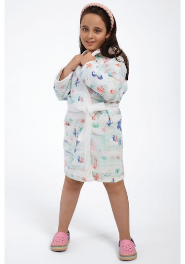 Underwater Dijital Baskılı Çocuk Bornozu Açık Yeşil