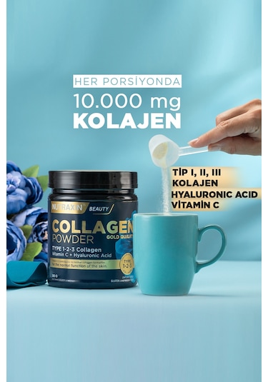 Nutraxin Beauty Collagen Gold Quality Powder 300 gr - Tip 1,2,3 Kolajen, Vitamin C, Hyalüronik Asit