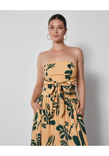 Kadın Straplez Desenli Takım Bağlamalı Büstiyer Ve Bol Kesim Pantolon Etek Bej