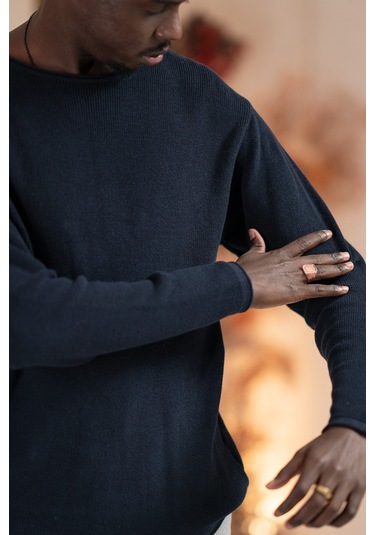 Regular Fit Likralı Kendinden Çizgili Mevsimlik Spor Kazak Lacivert