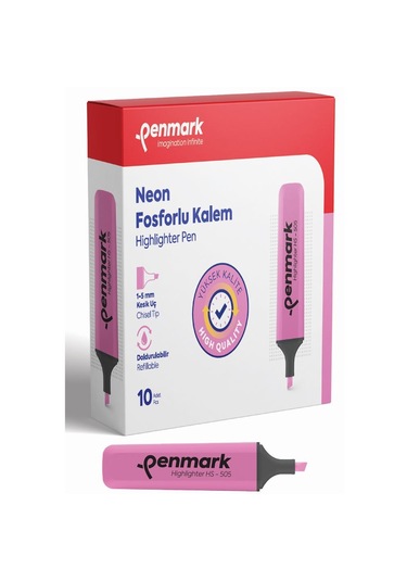 Penmark Neon Fosforlu İşaretleme Kalemi Pembe Fosforlu Kalem 10 Lu Paket Çok Renkli
