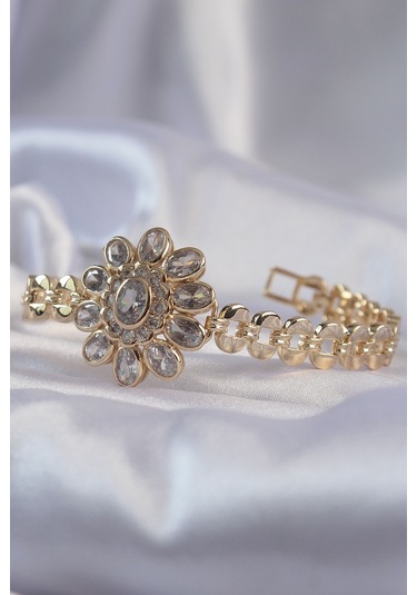 Pirinç Gold Renk İri Zirkon Taşlı Çiçek Figürlü Bileklik - Tj-bb6141