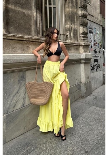 Audrey Fıfrlı Yırtmaç Detay Etek 4037 Sarı