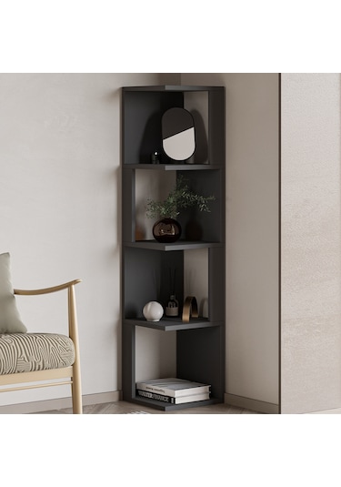 Herry Köşe Kitaplık Dekoratif Raf Ünitesi, Modern Kütüphane Antrasit