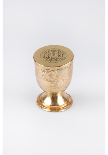 Altın Varak Eskitme Ayaklı Cam Mumluk Kokusuz Mum Logo Kapaklı Küçük 8.5x11.5 Cm