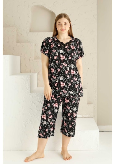 Anne Kalıp Tunik Büyük Beden Kapri-battal Beden Dantel Detay Kısa Kol Viskon Bermuda Pijama Takımı Siyah Pembe Çok Renkli