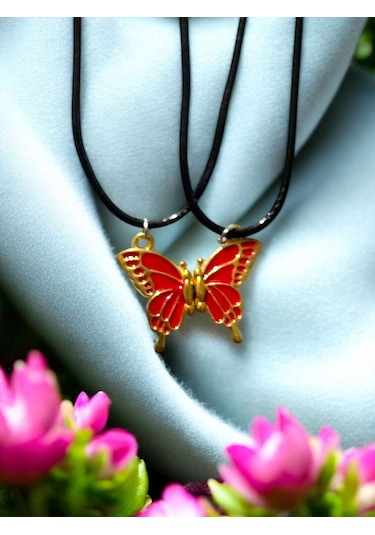 Kelebek Kırmızı Renkli İki Adet Mıknatıslı Çift Sevgili Anahtarlı Çok Renkli