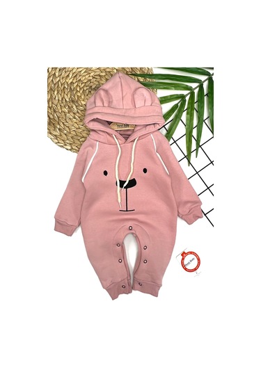 Erkek Bebek Kapüşonlu Ayı Desenli Tulum Pembe-7183 Pembe