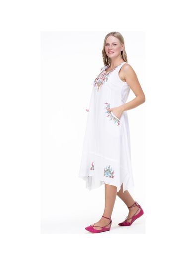 Kolsuz Şile Bezi Antik Nakışlı Midi Boy Elbise Beyaz Byz-beyaz