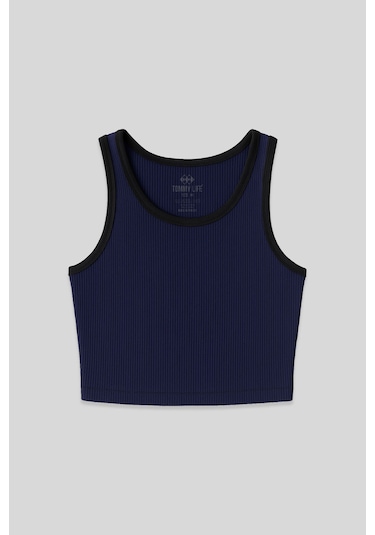 Tommy Life İndigo Basic Sıfır Kol Dar Kalıp U Yaka Kadın Crop Top Atlet - 97160 İndigo