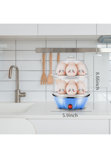 Vkemall 350w Ev Tipi Çift Katlı 14 Yumurta Mavi Buharlı Yumurta Pişirici, Otomatik Kapanma Ve 40ml Ölçü Bardağı İle