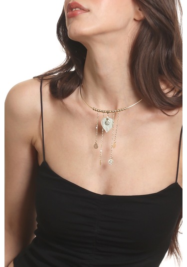 Labalaba Kadın Lak Altın Kaplama Sedef Kalp Charmlı Tel Choker, Tasma Kolye Altın