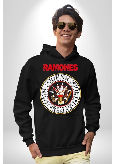Ramones Punk Müzik Grubu Kadın Erkek Siyah Kapüşonlu Sweatshirt Hoodie Siyah