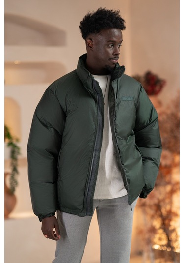 Oversize Bol Kesim Dik Yaka Fermuar Kapamalı Şişme Mont Yeşil