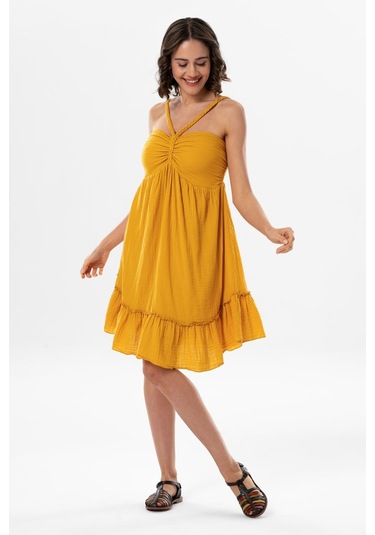 Alanya Boyundan Bağlamalı Kısa Yazlık Müslin Elbise Hardal Hrd-hardal