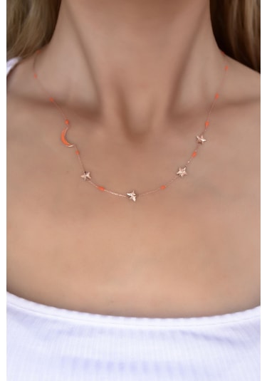 Papatya Silver 925 Ayar Gümüş Rose Kaplama Hilal Mineli Yıldız Kadın Kolye