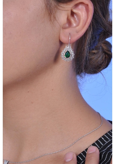 Midyatgümüşnurtaş Zümrüt Taşlı Damla Model Oksitli Telkari Gümüş Bayan Küpe