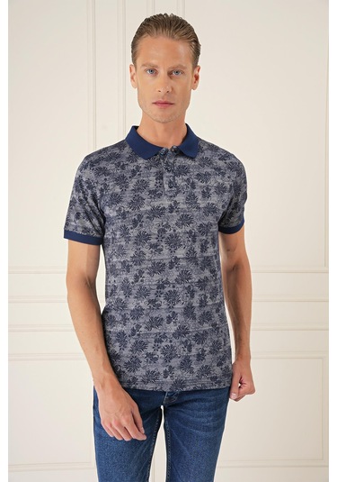 Slim Fit Dal Yaprak Desen Polo Yaka Pamuklu Lacivert Tişört Ts 884 Lacivert