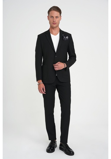 Slim Fit Torba Cep Esnek Pamuk Düz Siyah Blazer Ceket C 712 Siyah
