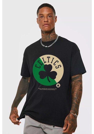 Erkek Siyah Oversize Celtc Baskılı T-shirt Siyah-67125