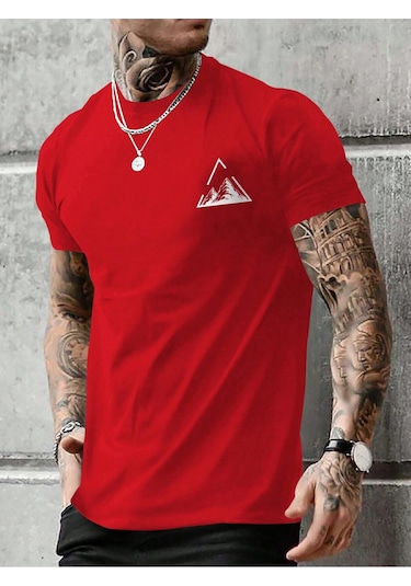 Üçgen Dağ T-shirt - Kırmızı Baskılı Oversize Bisiklet Yaka Kısa Kol Tişört Kırmızı