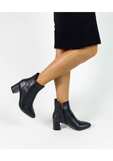 Hakiki Deri Siyah Mat Renk Fermuarlı Kalın Topuk Kadın Bot Bordo