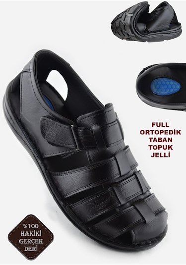 Ayakkabiburada 033 Topuk Jelli Hakiki Deri Erkek Sandalet Ayakkabı Siyah