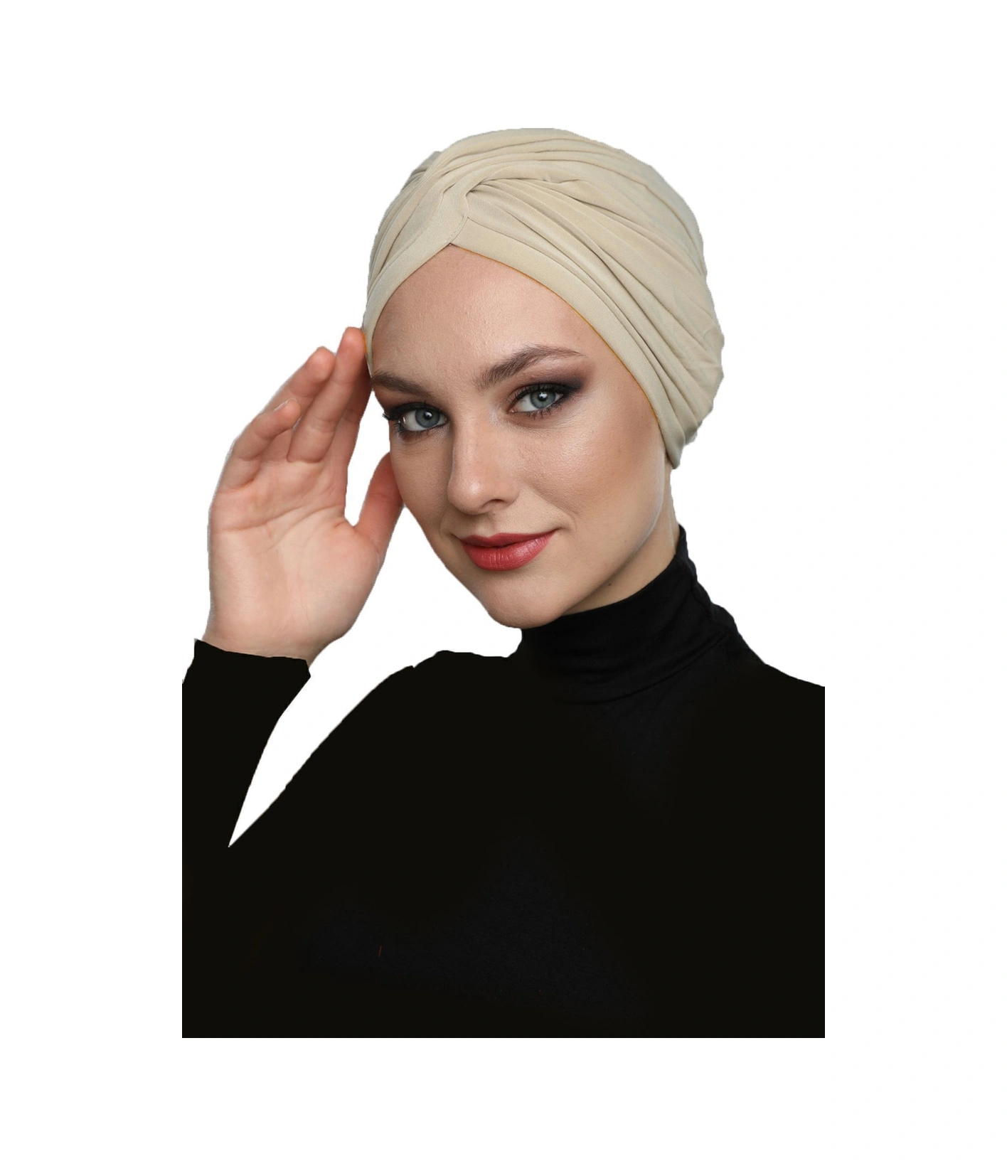 Çapraz W Nervürlü Ensesi Bantlı Kum Beji Hazır Türban Tesettür Havuz Bonesi Bej