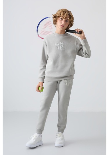 Tommy Life Taş Pamuklu Kalın İçi Tüylü Yumuşak Dokulu Standart Fit Baskılı Erkek Çocuk Eşofman Takım - 11253 Taş Rengi Taş