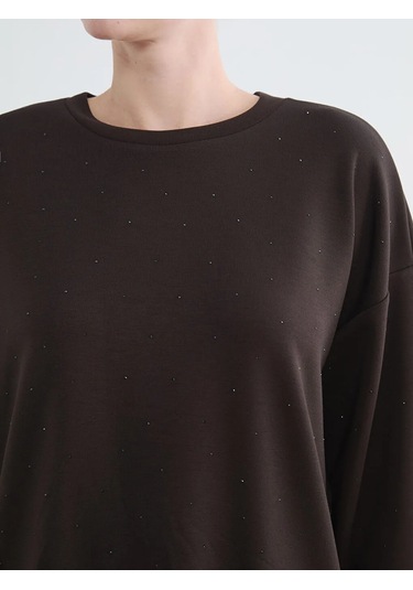 Lc Waikiki Kahverengi Taşlı Soft Touch Oversize Kadın Sweatshirt