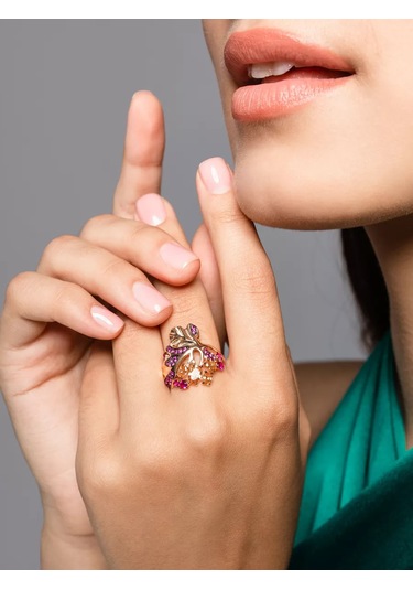 Lamponi 925 Ayar Gümüş Altın Kaplama Yüzük, Yakut Ve Sitrenli 57394229 Altın