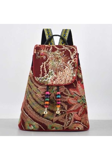 Luckydog Kadınlar İçin İşlemeli Sırt Çantası Vintage Omuz Çantası Kadın Büyük Kapasiteli Üst Saplı Postacı Çantaları Bordo Bordo