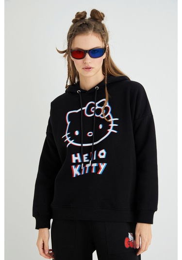 Hello Kitty Lisanslı Baskılı 3d Kapüşonlu Kalın Sweatshirt Renkli