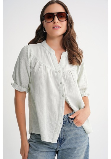 4725 Kadın Büzgü Robalı Kolu Fırfırlı Müslin Gömlek Adaçayı Adaçayı