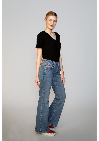 Lee Cooper Luna Yüksek Bel İspanyol Paça Kesim Geniş Paça Mavi Kadın Jean Pantolon-19138 Denim
