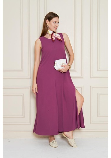 Kadın Sıfır Kol Aerobin Kumaş A Kesim Yırtmaçlı Maxi Yazlık Elbise 3760330 Mor