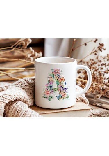 A Harfi Çiçekli Kupa Bardak - Soft Renk Çiçek Ve Kelebek Desenli Zarif Kahve Kupası - Bohem Beyaz