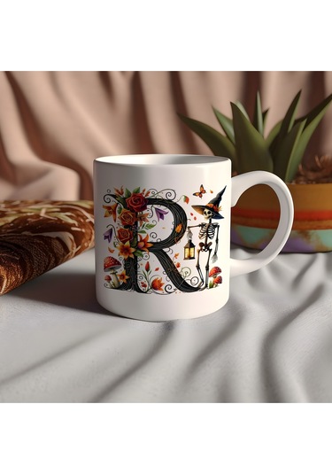 R Harfi Şapkalı İskelet Figürlü Ve Çiçekli Kupa Bardak - Cadılar Bayramı / Halloween Özel Hediye Beyaz