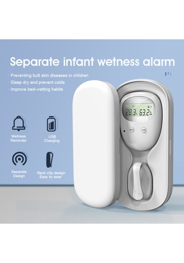 Moveevo Beyaz Bebek Islaklık Alarmı - Ayrık Tip, Titreşim/ses Uyarısı, Sıcaklık Nem Gösterimi, Sayısal Ekran, Dahili Li-pol Batarya