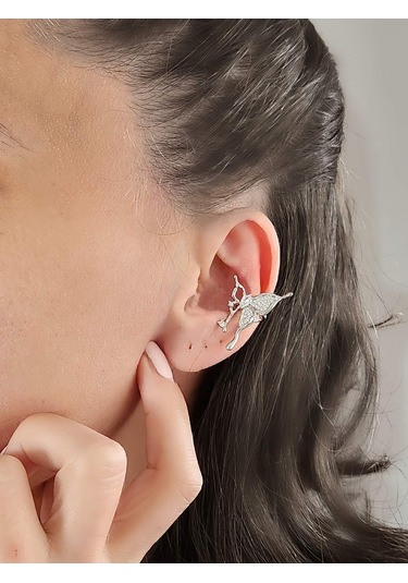 Kelebek Model Sıkıştırmalı Kıkırdak Gümüş Renk Sol Kulak Küpe Silver